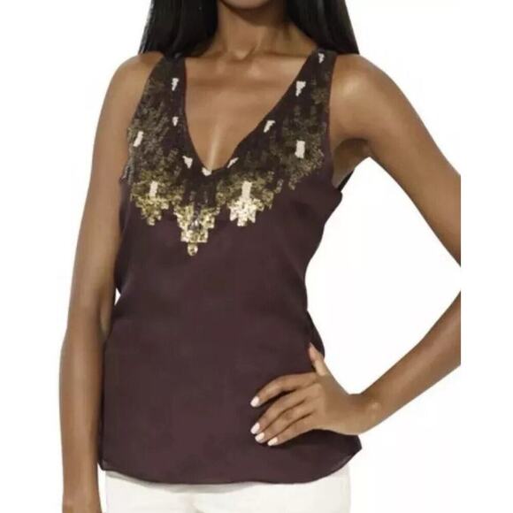 Ralph Lauren Brown Gold Sequin Sleeveless Blouse - Picture 1 of 5